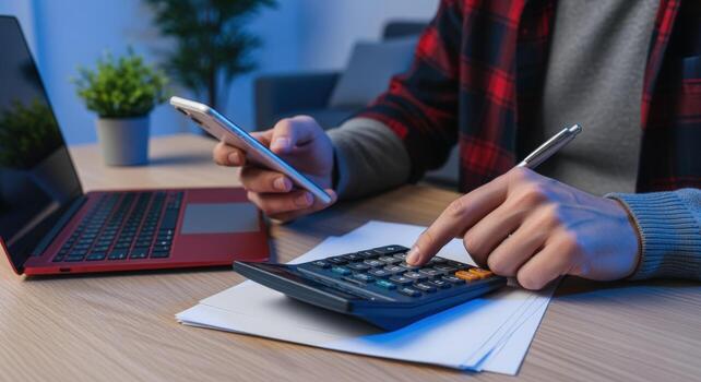 Man Calculates Finances Using Calculator and Smartphone for Online Banking, Budgeting, or Tax Preparation photo