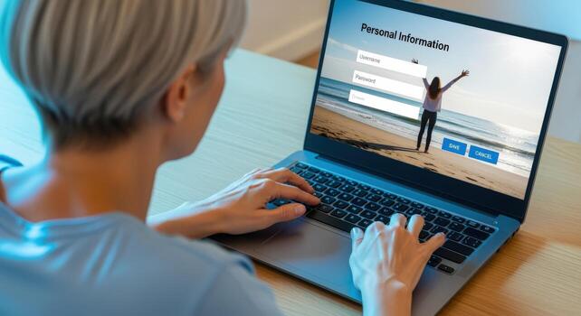 Woman Completing Online Form on Laptop with Beach Scene, Focused on User Experience and Digital Security photo