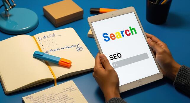 SEO Strategy Planning Hands Holding Tablet with Search Bar, Notebook, and Workspace on Blue Background photo