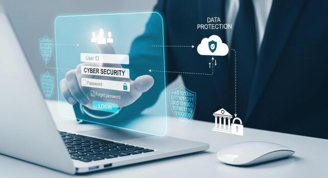 Data Protection Concept Businessman Using Laptop with Cyber Security Interface for Secure Cloud Access photo