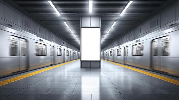 Modern Subway Station with Blank Billboard Mockup Display Ready for Advertising and Train Motion Blur photo