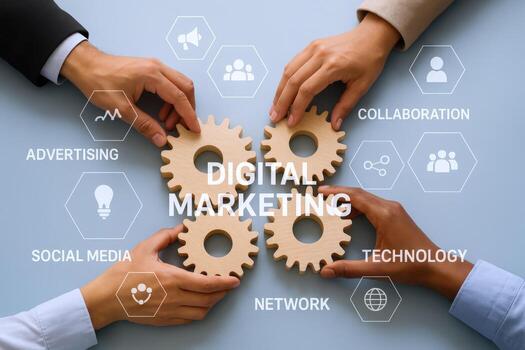 Teamwork and Digital Marketing Strategy Hands Holding Gears in Collaborative Business Environment, Innovation and Success photo