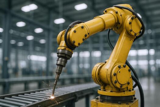 Automated Welding Precision Robotic Arm in Manufacturing Process with Sparks and Industrial Backdrop photo