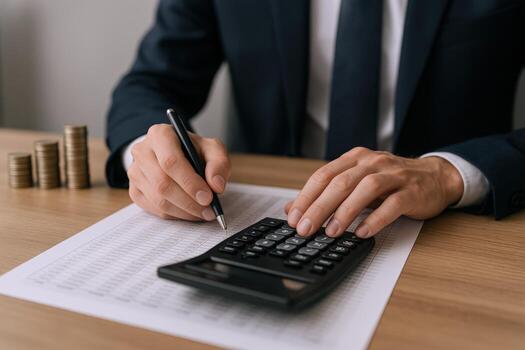 Financial Planning Man Calculates Expenses, Budgeting with Calculator and Pen for Wealth and Growth photo