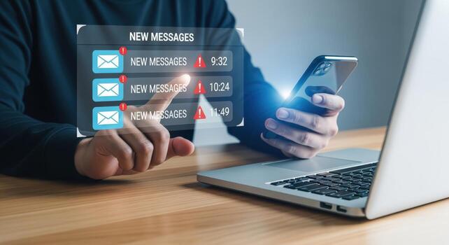 Man Holding Smartphone with New Email Notifications on Screen, Beside Laptop, Conceptual of Digital Communication photo