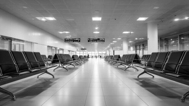 Black and White Airport Terminal Waiting Area with Empty Seats and Modern Architecture, Monochrome photo