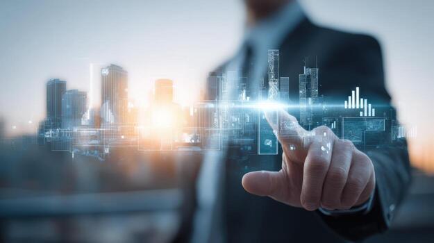 Business Executive Touching Virtual Cityscape Interface Representing Future Development and Technological Advancement with Blurring Background photo