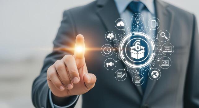 empresario activando digital transformación con toque interfaz mostrando tecnología y automatización para innovación, modernización, y conectividad foto