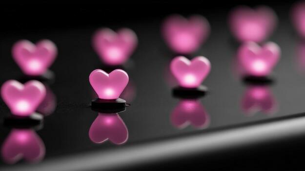 Illuminated Pink Heart Ornaments on a Shiny Black Surface for Romantic Themes and Decoration photo