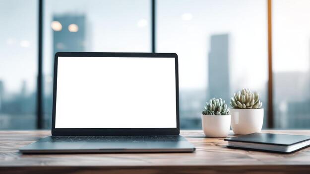 Laptop with Blank Screen on Desk in Modern Office Environment Mockup for Business Presentations photo