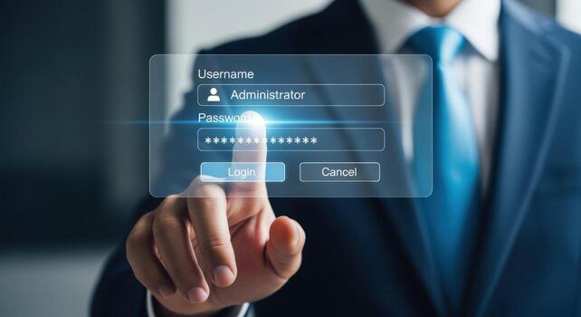 Login Interface with a Businessman, Displaying Username and Password Prompt for System Access photo