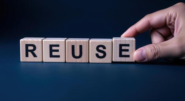 The word REUSE spelled out with wooden blocks, symbolizing sustainability and eco-consciousness on dark surface photo