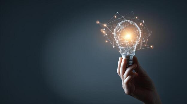 Creative Idea Hand Holding Lightbulb with Glowing Network Connection, Innovation and Technology Concept photo
