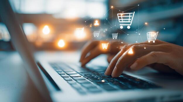 Online Shopping Experience Person Typing on Laptop with Floating Shopping Cart Icons Depicting Ecommerce photo