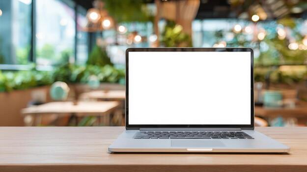 Laptop with Blank Screen on Wooden Table in Modern Cafe, Mockup for Advertising photo