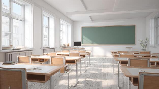 Empty Classroom Interior with Desks and Green Chalkboard, Featuring Natural Light and Clean Design photo