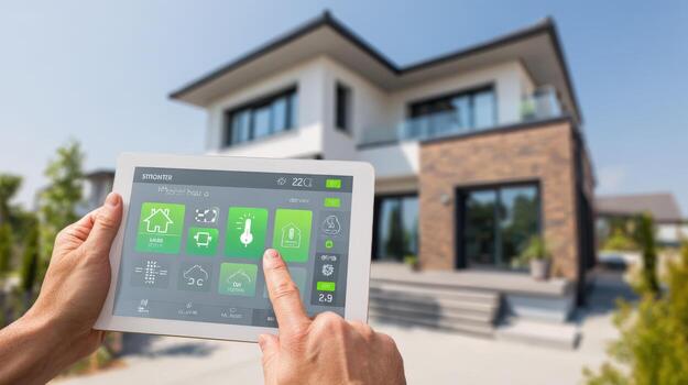 Smart Home Automation System Control on Tablet Device with Modern House Exterior photo