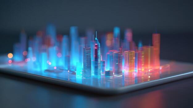 Futuristic Cityscape Hologram Display Modern Urban Planning Technology on Tablet with Glowing Buildings and Data Visualization photo