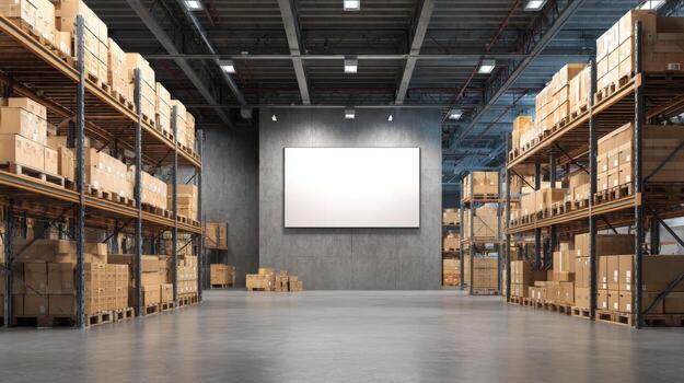 Warehouse Interior with Empty White Frame on Concrete Wall Surrounded by Shelves Containing Cardboard Boxes photo