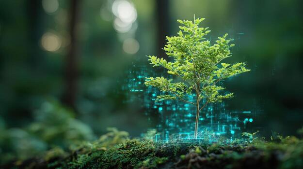 Sapling with Digital Growth Overlay in Forest Symbolizing Environmental Technology and Sustainable Development photo