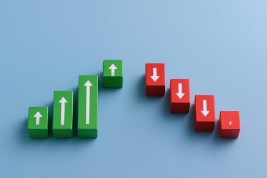 Ascending and Descending Bar Graph Made of Colorful Wooden Blocks on a Blue Background photo