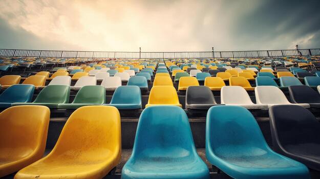 Empty stadium seating with colorful plastic chairs under overcast sky, creating an abstract background pattern photo
