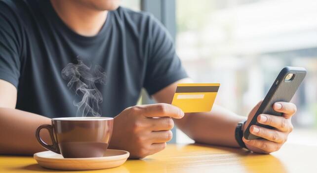 Online Shopper Holds Card and Smartphone in Cafe for Secure Mobile Payment photo