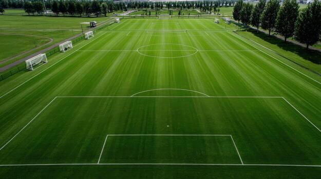 Aerial View of a Meticulously Maintained Green Soccer Field Ready for a Match in the Daytime photo