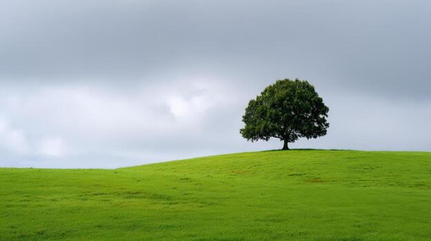 Lone Tree Stands Tall on Green Hillside Under Cloudy Sky, Representing Natures Resilience photo