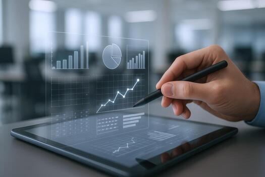 Financial Analyst Using Digital Tablet for Data Visualization and Stock Market Analysis at the Office photo