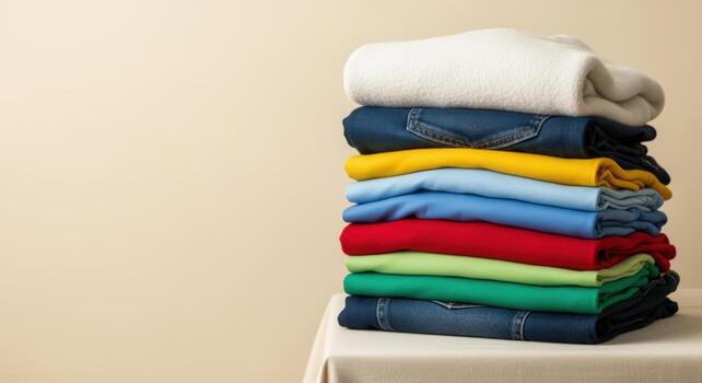 Stack of Colorful Folded Clothes on Table with Beige Background - Apparel, Laundry, and Textiles photo