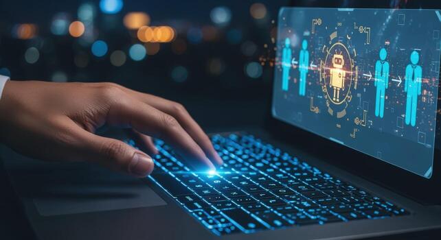 Human Resources Automation Close-up of Hand Typing on Laptop with HR Tech Interface Overlay photo