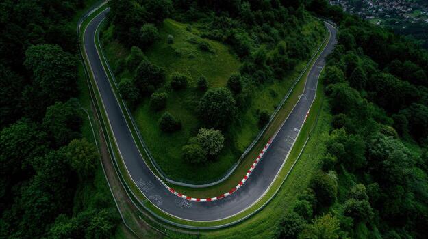 Aerial View of a Winding Race Track Surrounded by Lush Green Forest, Motorsports and Nature photo