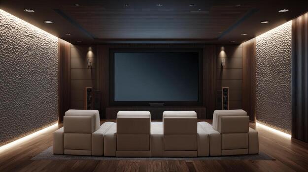 Luxurious Home Theater Interior Design with Plush Seating and Modern Entertainment System for Immersive Viewing photo