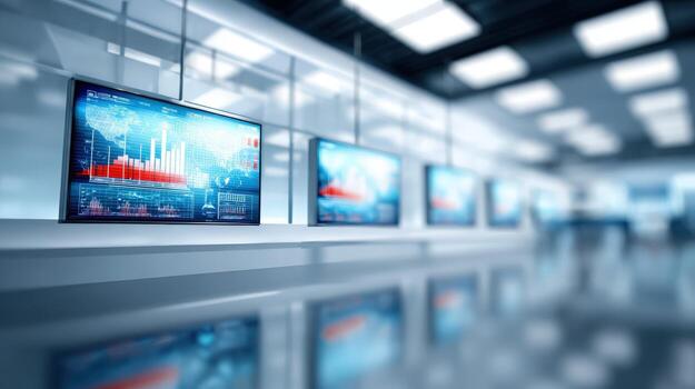 Modern Display Technology Interactive Screens Presenting Data in a Sleek, Contemporary Office Environment photo