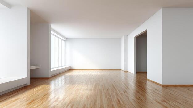 Bright Empty Room with Polished Wood Floor and Large Window for Interior Design Mockups photo