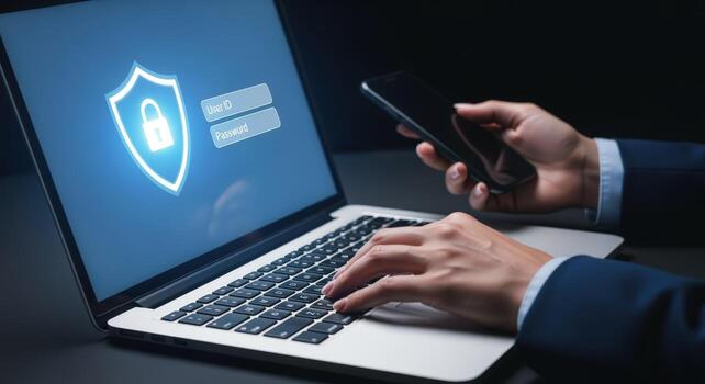 datos seguridad autenticación persona utilizando ordenador portátil y móvil dispositivo con proteger y candado icono foto