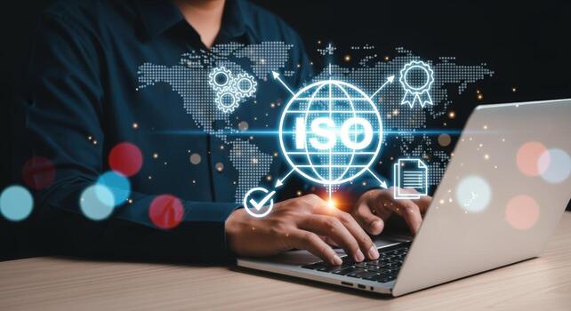 Global Standardization Concept Man Typing on Laptop with ISO Certification Icons Overlayed on World Map photo