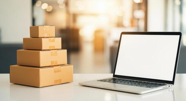 E-commerce Order Fulfillment Stack of Cardboard Boxes Beside Laptop for Online Shopping and Delivery Services photo