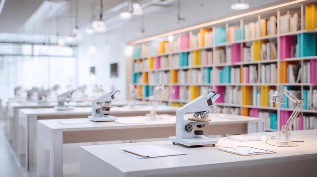 Bright Modern Science Classroom with Microscopes and Colorful Bookshelves for Education and Research photo