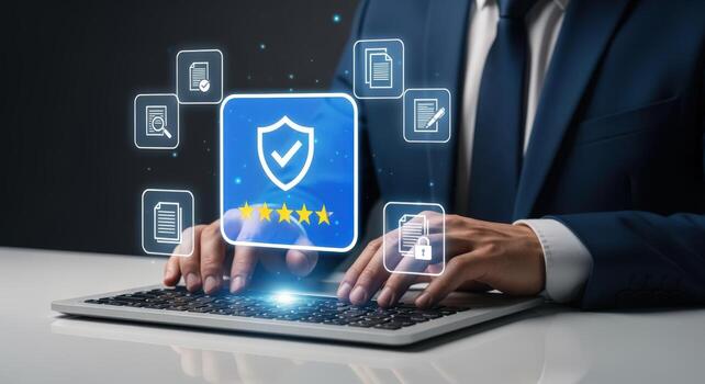 Cybersecurity Protection with Person Typing on Laptop and Displaying Security Shield Icon photo