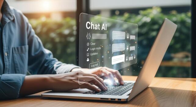 Person Using Chat AI Interface on Laptop for Communication and Automation, Engaging with Future Technology photo