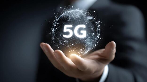 Man Presenting Abstract 5G Network Connection, Representing Modern Communication Technology and High-Speed Wireless Internet photo