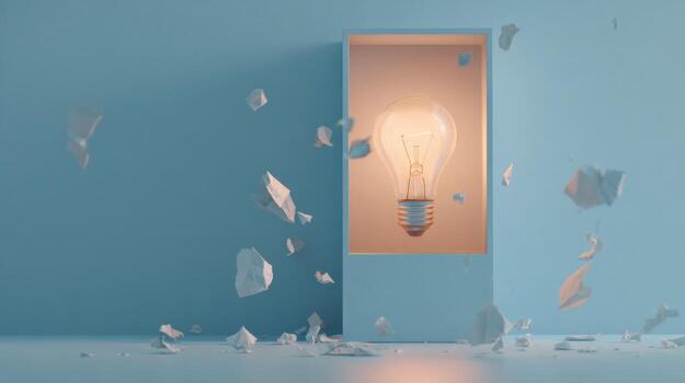 Bright Idea Concept Glowing Lightbulb Breaking Through Wall, Symbolizing Innovation and Creative Thinking photo