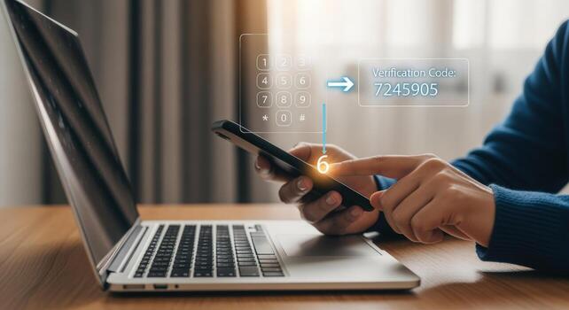 Person using two factor authentication code on smartphone with laptop for enhanced security photo