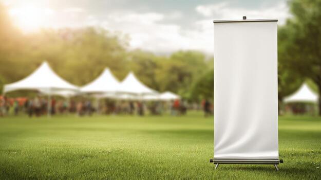 Blank Roll-Up Banner Mockup in Park Setting for Advertising and Promotional Display photo