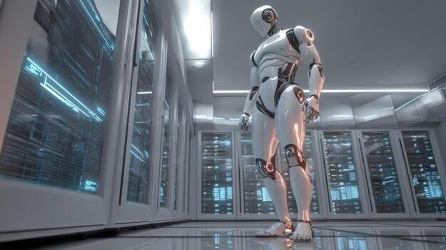 Futuristic Robot Figure Standing in Modern Server Room, Artificial Intelligence Integration and Technology Automation photo