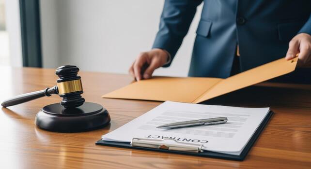 Legal Professional Reviewing Contract Documents with Gavel on Wooden Desk in Office Setting photo