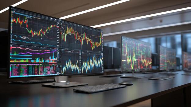 Trading Monitors Displaying Stock Market Analysis Data, Multiple Computer Screens Showing Financial Charts, Business Technology photo