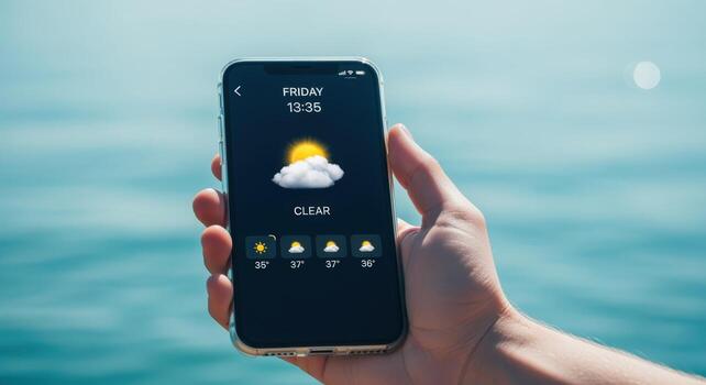 Checking Weather Forecast App on Smartphone Screen Displaying Sunny Day with Clouds, Held by Person Over Water photo